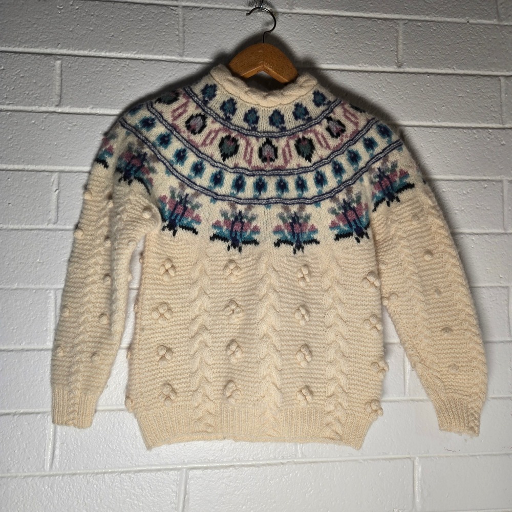Vtg Woolrich Womens Sweater Fair Isle Nordic Wool Cable Bobble Knit Cream Cabin